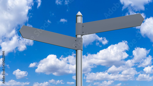 Street sign for intersection. Sign with arrows in different directions under sky. Direction pointer on metal pole. Empty road sign. Place for text. Copy space for street toponyms. 3d rendering.