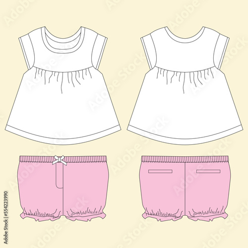 GIRLS AND TEENS WOVEN DRESS SET. KIDS WEAR TEE AND PAJAMA SET SHIRT AND SHORT SLEEP WEAR VECTOR SKETCH