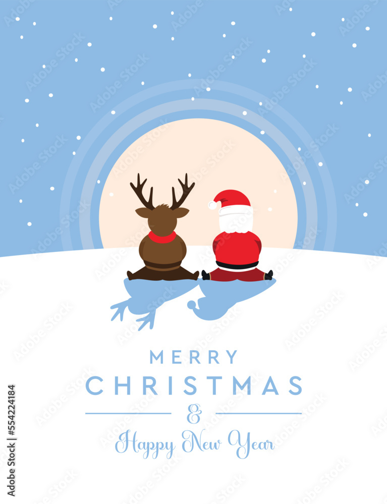 christmas greeting card with cute deer and santa on winter landscape christmas greeting card with cute deer and santa on winter landscape