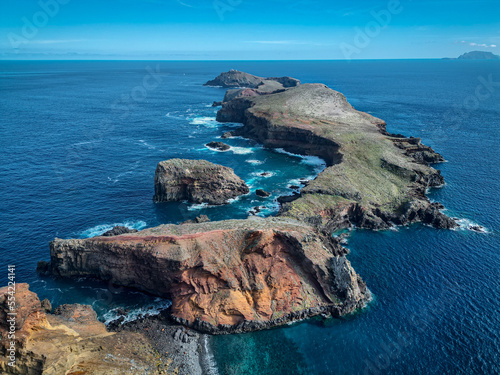 Madeira, Ponta de São Lourenço drone aerial view on rocky cliffs coastline