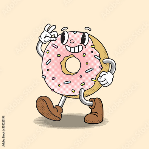 Retro cartoon style, a donut drawn in the style of old cartoons, goes to meet