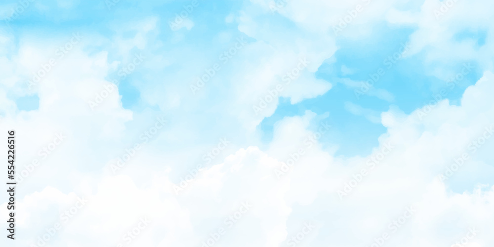 Blue sky with clouds, Watercolor hand drawn illustration