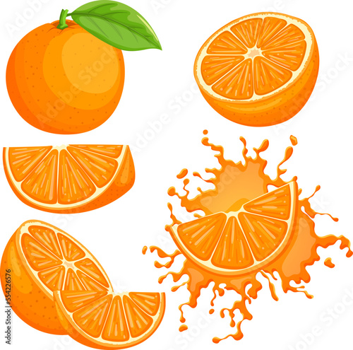 orange fruit set cartoon. citrus fresh, ripe juicy, organic slice, juice sweet, food vitamin, closeup half, healthy raw, tropical cut, leaf orange fruit vector illustration