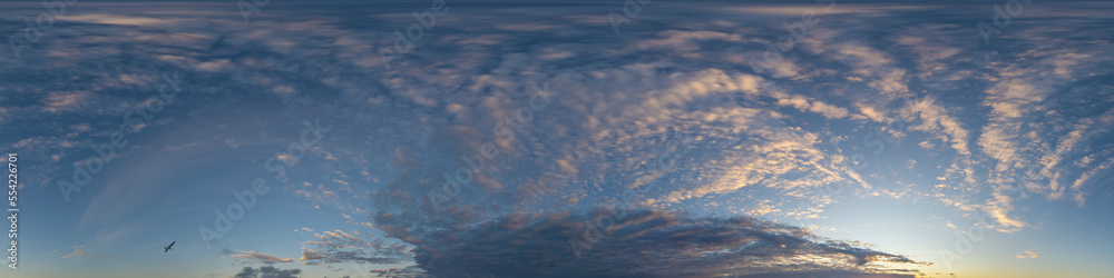 Dark blue twilight sky panorama with Cirrus clouds. Seamless hdr 360 panorama in spherical equiangular format. Full zenith or sky dome for 3D visualization, sky replacement for aerial drone panoramas