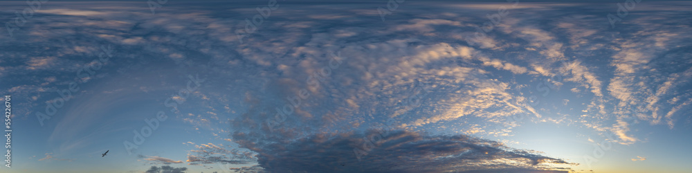 Dark blue twilight sky panorama with Cirrus clouds. Seamless hdr 360 panorama in spherical equiangular format. Full zenith or sky dome for 3D visualization, sky replacement for aerial drone panoramas Dark blue twilight sky panorama with Cirrus clouds. Seamless hdr 360 panorama in spherical equiangular format. Full zenith or sky dome for 3D visualization, sky replacement for aerial drone panoramas