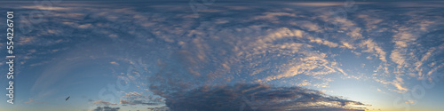 Dark blue twilight sky panorama with Cirrus clouds. Seamless hdr 360 panorama in spherical equiangular format. Full zenith or sky dome for 3D visualization, sky replacement for aerial drone panoramas © svetograph