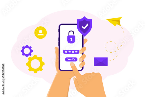 Mobile OTP secure verification method. Mobile phone in hand. One-time password for secure transaction. Security one time password verification for mobile app on smartphone screen. 2-Step verification photo