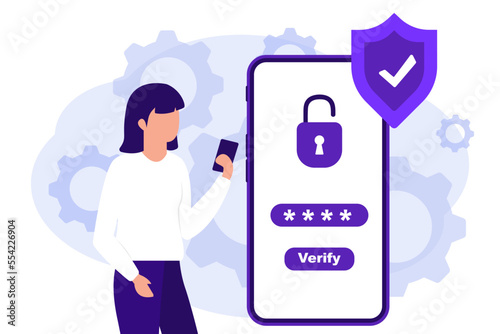 Mobile OTP secure verification method. One-time password for secure transaction. Woman using security OTP one time password verification for mobile app on smartphone screen. 2-Step verification photo