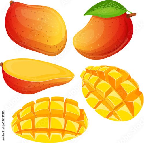 mango fruit set cartoon. leaf fresh, food healthy, tropical organic, sweet ripe, yellow juicy, green dessert, cut diet mango fruit vector illustration