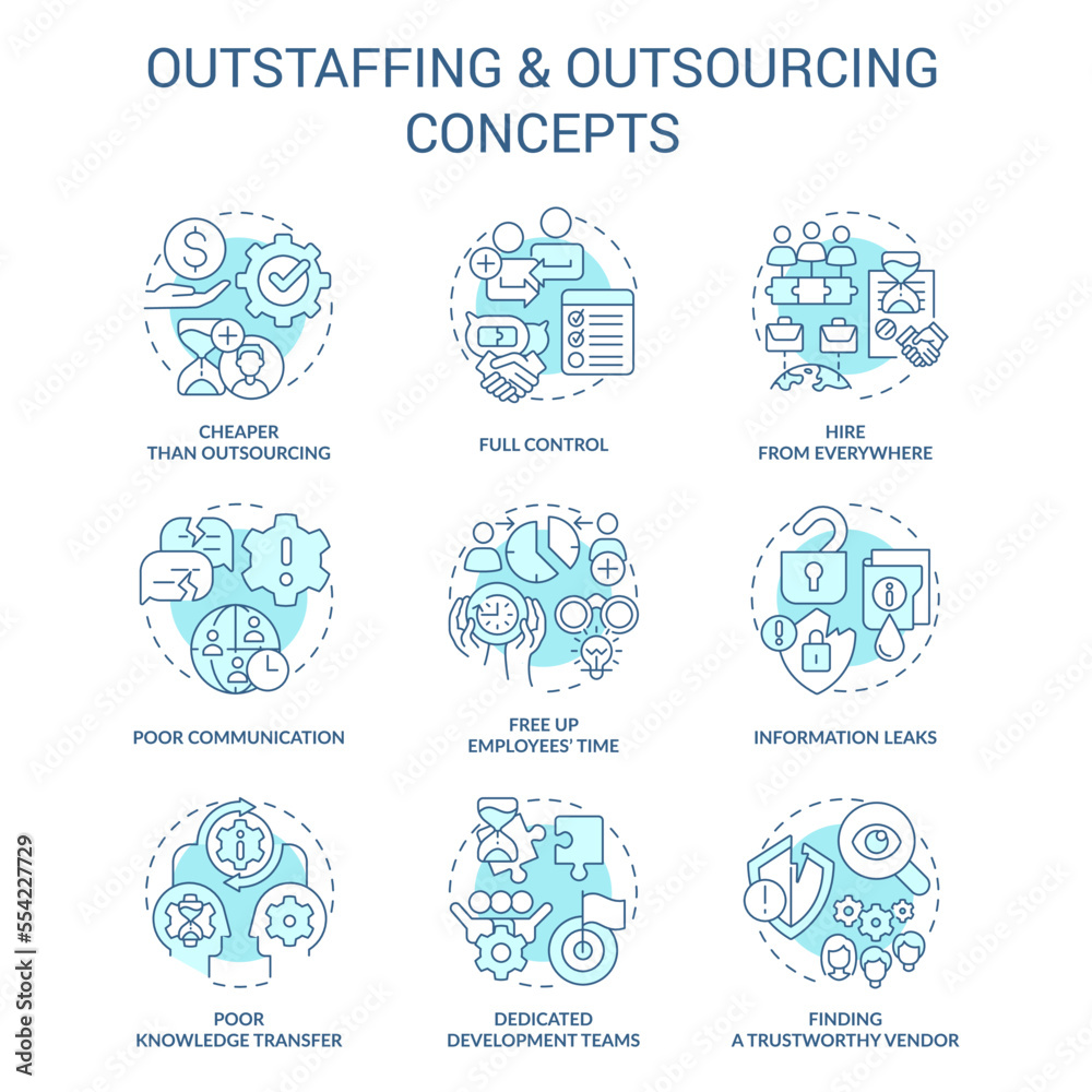 Outstaffing and outsourcing turquoise concept icons set. Hiring employees remotely idea thin line color illustrations. Isolated symbols. Editable stroke. Roboto-Medium, Myriad Pro-Bold fonts used Outstaffing and outsourcing turquoise concept icons set. Hiring employees remotely idea thin line color illustrations. Isolated symbols. Editable stroke. Roboto-Medium, Myriad Pro-Bold fonts used