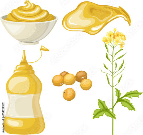 mustard sauce food set cartoon. yellow dijon, condiment grain, gourmet top, bowl view, seed spoon, organic ingredient mustard sauce food vector illustration