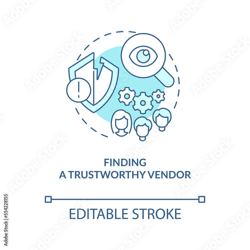 Finding trustworthy vendor turquoise concept icon. Problem with outsourcing abstract idea thin line illustration. Isolated outline drawing. Editable stroke. Arial, Myriad Pro-Bold fonts used
