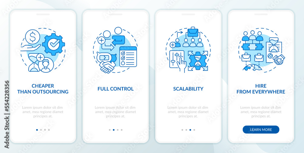 Outstaffing benefits blue onboarding mobile app screen. Scalability walkthrough 4 steps editable graphic instructions with linear concepts. UI, UX, GUI template. Myriad Pro-Bold, Regular fonts used Outstaffing benefits blue onboarding mobile app screen. Scalability walkthrough 4 steps editable graphic instructions with linear concepts. UI, UX, GUI template. Myriad Pro-Bold, Regular fonts used