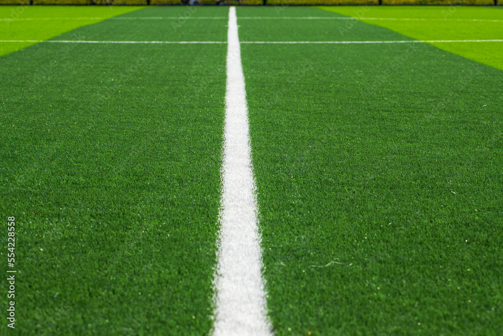 Close-up of the goal and touchline of a brand new football stadium