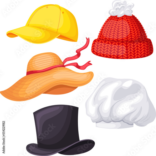 cap hat fashion set cartoon. female summer, straw woman, man, panama head, beach, cowboy, beret male headwear cap hat fashion vector illustration