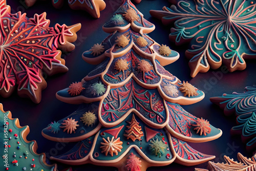 Beautiful colorful patterned gingerbread cookie in the shape of a Christmas tree, Christmas cookies, AI generated image