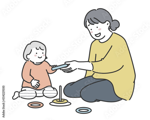 おもちゃで遊ぶ赤ちゃんとお母さんのイラスト素材