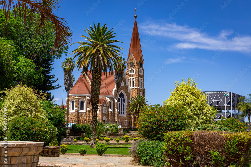 Windhoek, NamiWindhoek, Namibia. Christus Kirche, or Christ Church and Parliament Gardens in Windhoek, Namibia. Africa. bia