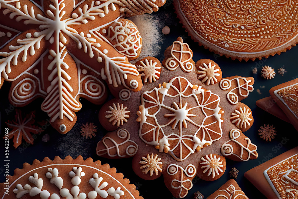 Beautiful Christmas gingerbread cookies in the shape of patterned snowflakes, AI generated image