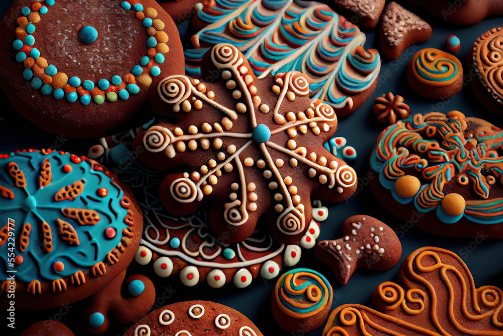 Beautiful patterned gingerbread cookies, AI generated image