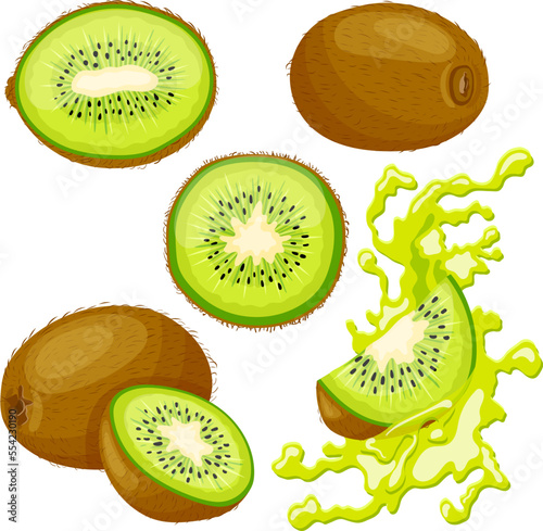 kiwi fruit green set cartoon. slice cut, fresh food, half juicy, sweet organic, piece healthy, kiwifruit diet, seed ripe brown, exotic kiwi fruit green vector illustration