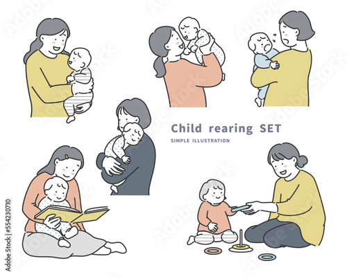 子育て中の赤ちゃんとお母さんのイラスト素材のセット