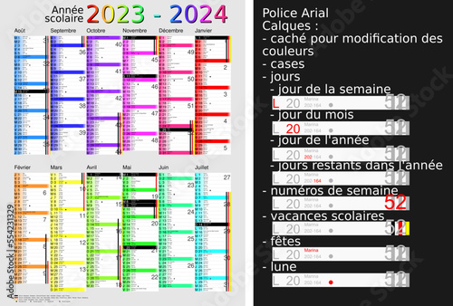Calendrier scolaire 2023-2024, calques, vacances scolaires, Saints, 12 mois