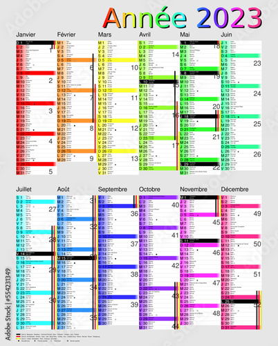 Calendrier 2023, calques, vacances scolaires, Saints, 12 mois