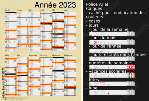 Calendrier 2023, calques, vacances scolaires, Saints, 12 mois