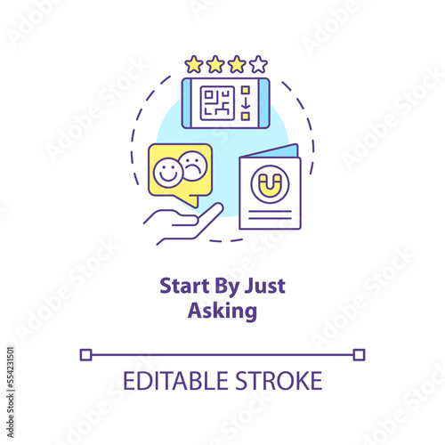 Start by just asking concept icon. Making clients write review abstract idea thin line illustration. Online reputation. Isolated outline drawing. Editable stroke. Arial, Myriad Pro-Bold fonts used