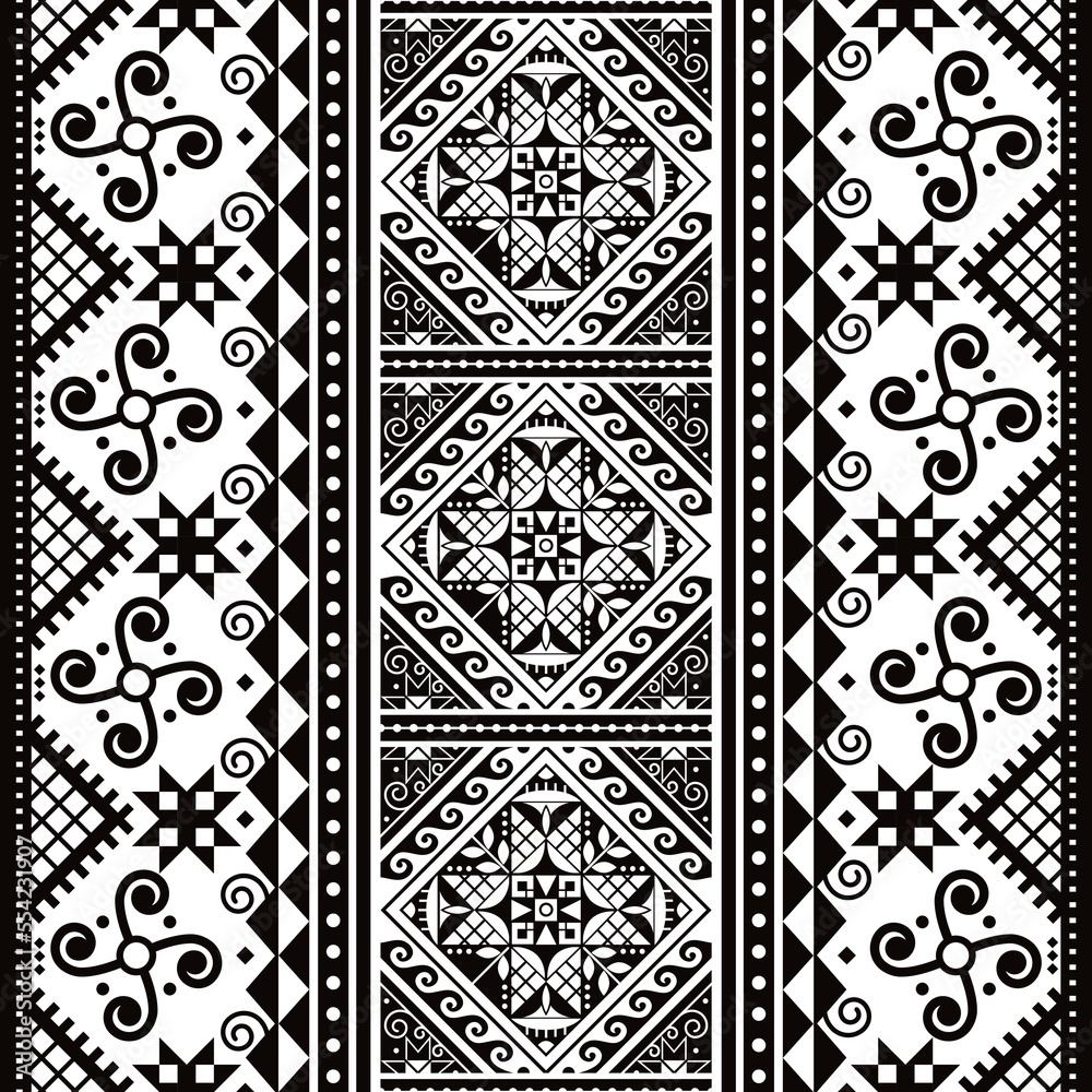 Ukrainian Easter eggs  Pysanky vector seamless folk art vecrtical pattern - Hutsul traditional geometric design in black and white
