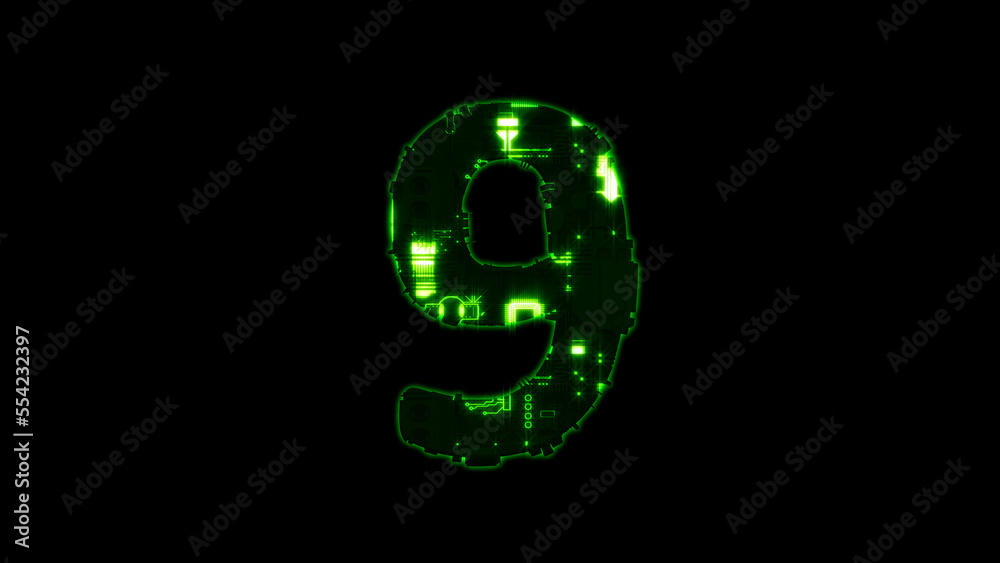 number 9, shining hi-tech digital cyber punk green font on black, isolated - object 3D rendering