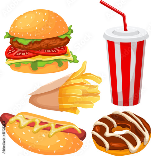 junk fast food unhealthy set cartoon. meal fat, hamburger diet, drink burger, healthy nutrition, fastfood bad, snack junk fast food unhealthy vector illustration