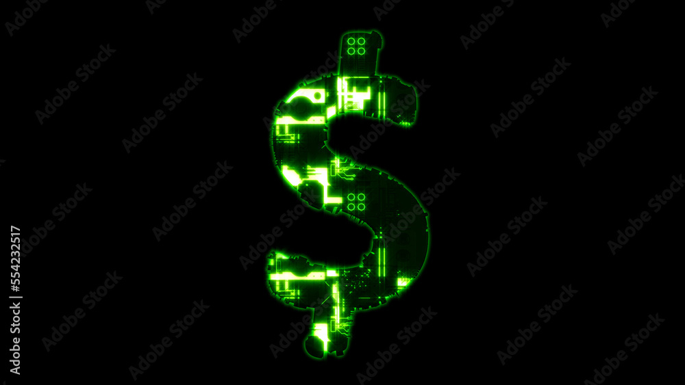 dollar - peso sign, lighting hi-tech digital cyber punk green font on black, isolated - object 3D illustration dollar - peso sign, lighting hi-tech digital cyber punk green font on black, isolated - object 3D illustration