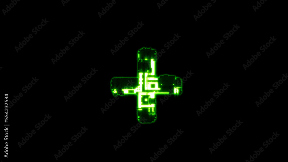 plus, glowing hi-tech digital cyber punk green font on black, isolated - object 3D illustration plus, glowing hi-tech digital cyber punk green font on black, isolated - object 3D illustration