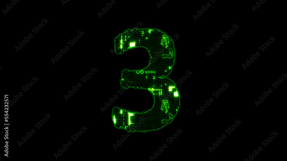 number 3, lighting high tech digital cyberpunk green font on black, isolated - object 3D rendering number 3, lighting high tech digital cyberpunk green font on black, isolated - object 3D rendering