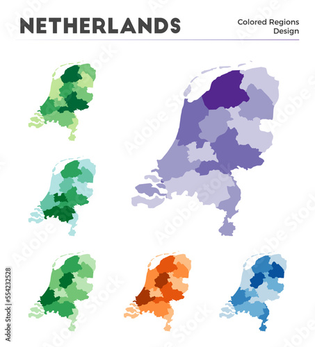 Netherlands map collection. Borders of Netherlands for your infographic. Colored country regions. Vector illustration.