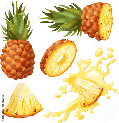 pineapple fruit set cartoon. slice fresh, cut food, tropical leaf, yellow ripe, sweet ananas, green piece, half whole, juicy pineapple fruit vector illustration