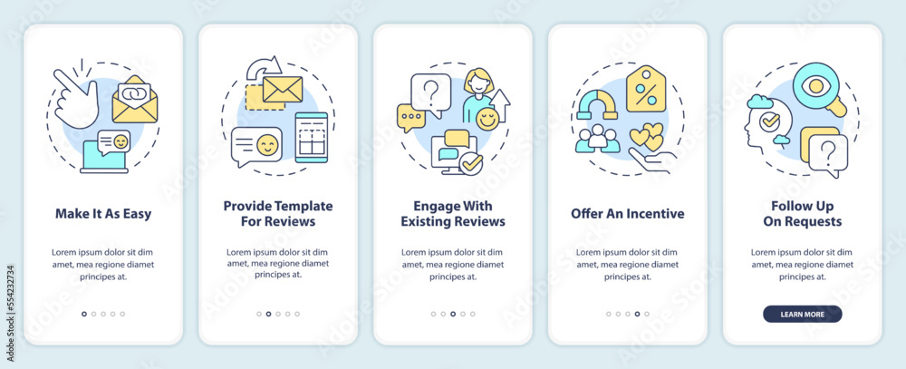 Encouraging clients to write reviews onboarding mobile app screen. Walkthrough 5 steps editable graphic instructions with linear concepts. UI, UX, GUI template. Myriad Pro-Bold, Regular fonts used Encouraging clients to write reviews onboarding mobile app screen. Walkthrough 5 steps editable graphic instructions with linear concepts. UI, UX, GUI template. Myriad Pro-Bold, Regular fonts used