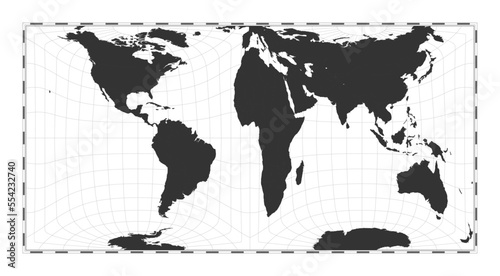 Vector world map in Gringorten square equal-area projection. Geographical map with latitude and longitude lines, centered at 0 degrees longitude. Vector illustration.