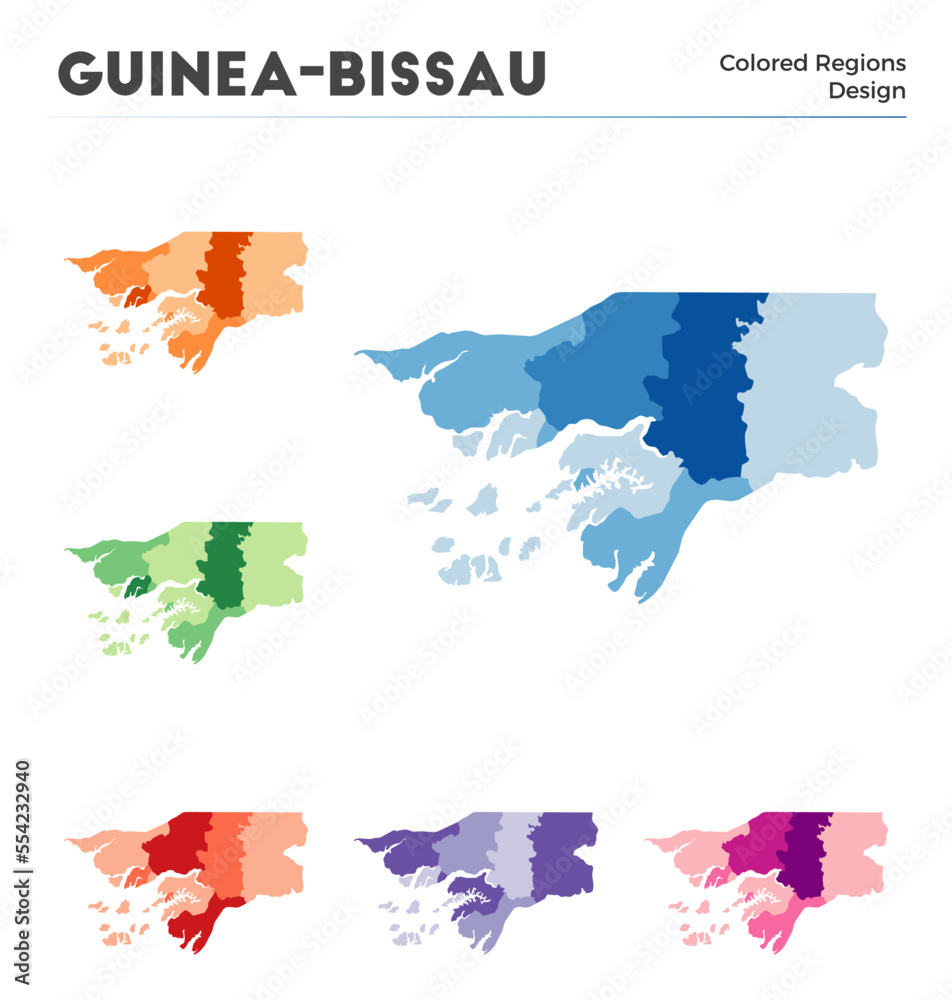 Guinea-Bissau map collection. Borders of Guinea-Bissau for your infographic. Colored country regions. Vector illustration.
