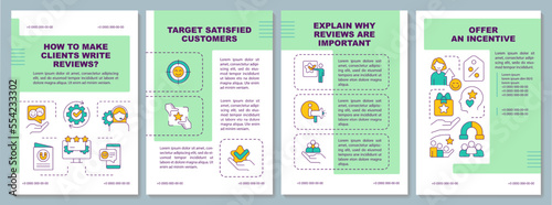 Motivating clients to leave feedback green brochure template. Incentive. Leaflet design with linear icons. Editable 4 vector layouts for presentation, annual reports. Arial, Myriad Pro fonts used