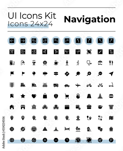 Tracking real time location black glyph ui icons set. GPS tool. Silhouette symbols on white space. Solid pictograms for web, mobile. Isolated vector illustrations. Montserrat Bold, Light fonts used