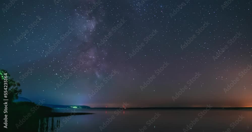 Milky way galaxy is moving quick in the sky. Timelapse of starry night ...