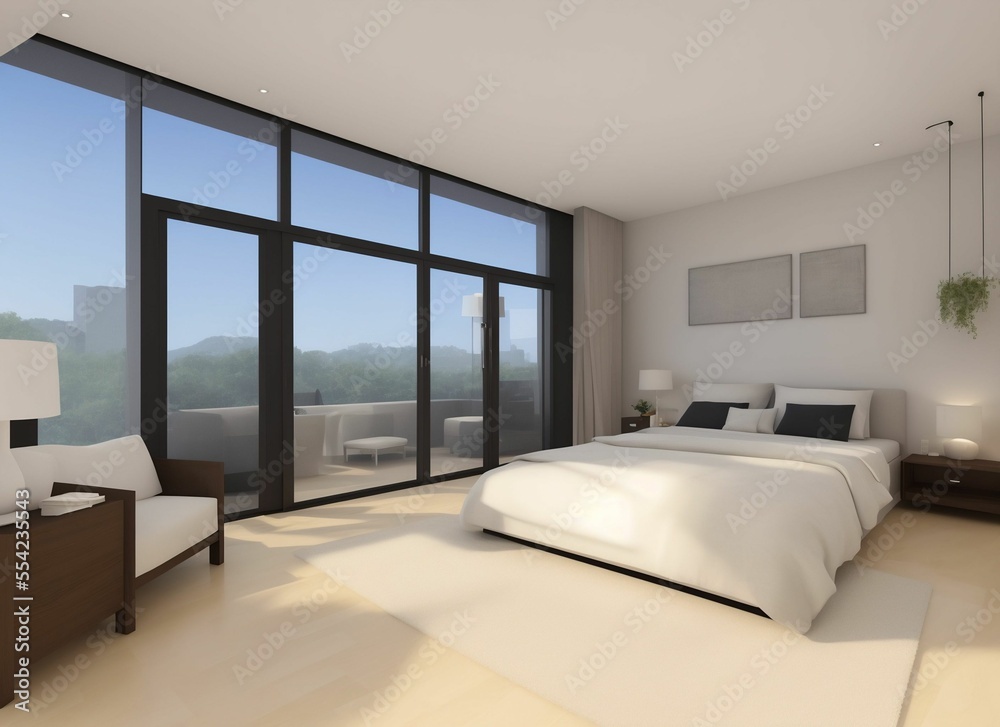 Fototapeta premium Corner of panoramic bedroom with white walls, concrete floor and comfortable king size bed. 3d rendering