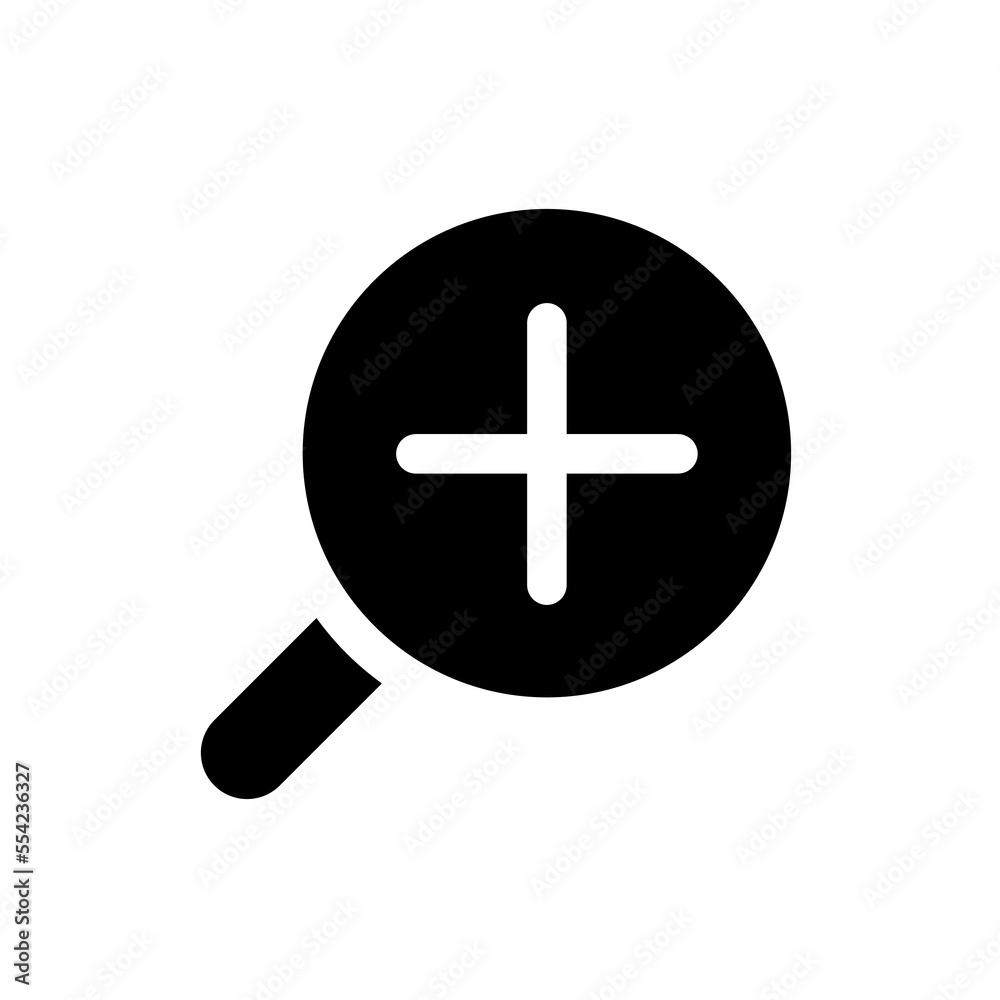 Magnifying glass with plus for map black glyph ui icon. Zoom in text. User interface design. Silhouette symbol on white space. Solid pictogram for web, mobile. Isolated vector illustration Magnifying glass with plus for map black glyph ui icon. Zoom in text. User interface design. Silhouette symbol on white space. Solid pictogram for web, mobile. Isolated vector illustration