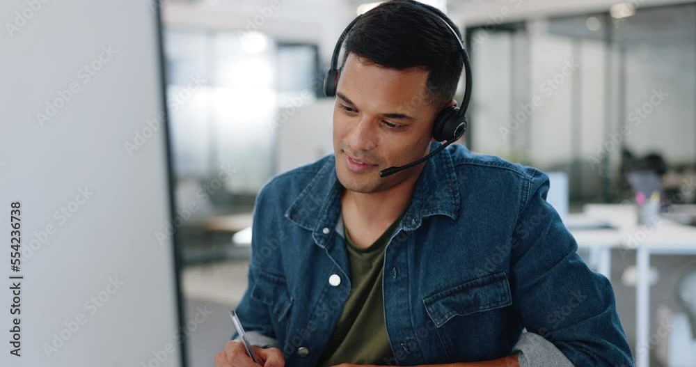 Call center, video call and man on office computer for customer service, business advisory and telemarketing help. Happy consultant, desktop and zoom call for communication, sales and client support