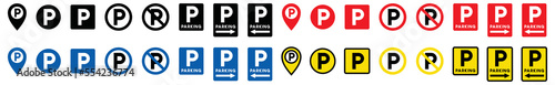 Parking icon set. Parking pin icon vector, street or road signs or traffic signs for parking, direction symbol for parking for apps and websites, symbol illustration