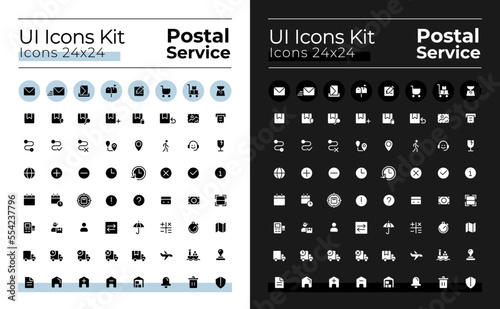 Mail service glyph ui icons set for dark, light mode. Delivery and post. Silhouette symbols for night, day themes. Solid pictograms. Vector isolated illustrations. Montserrat Bold, Light fonts used