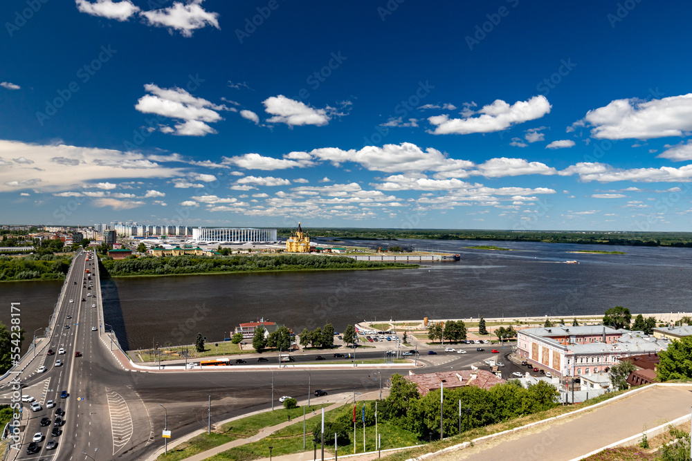 Arrow of the Oka and Volga in Nizhny Novgorod in summer. Sights of Nizhny Novgorod.